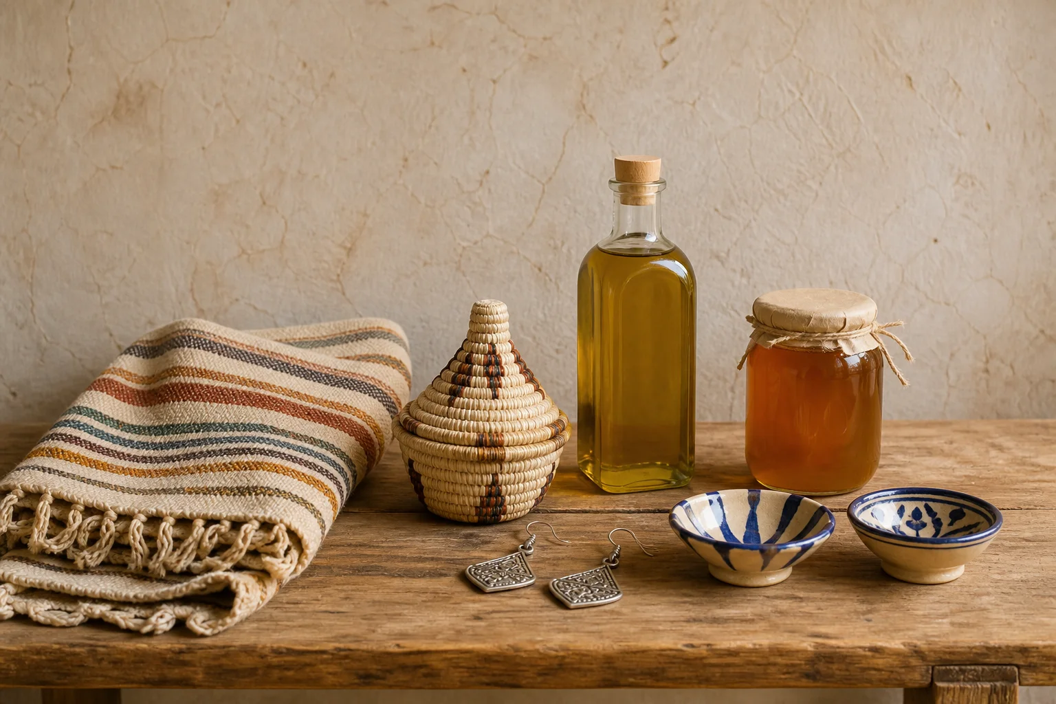 Tejido, cesta, aceite de oliva, miel, joyería amazigh y cerámica de Chichaoua