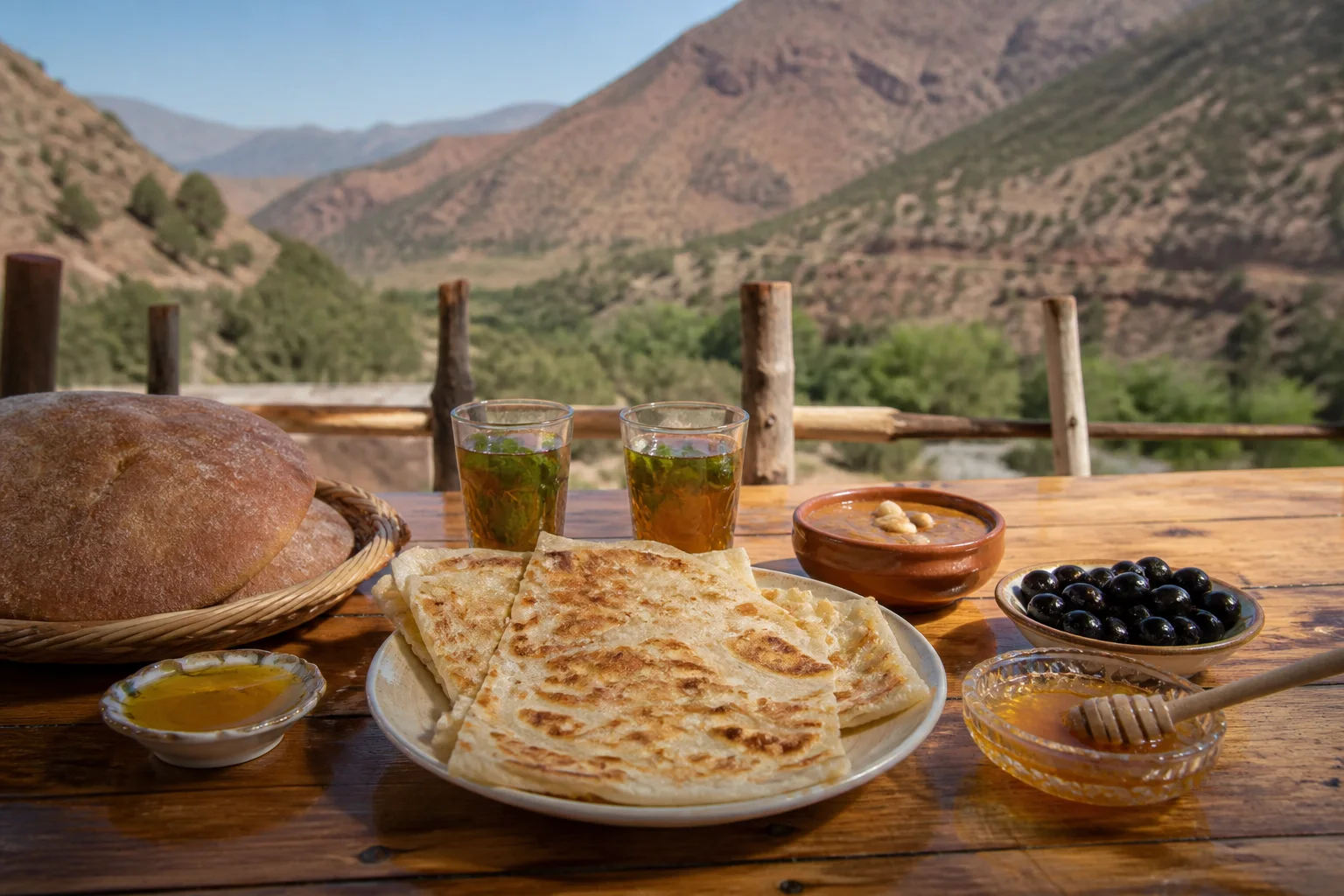 Msemen, pan, amlou, miel, aceitunas y té a la menta en una parada del Alto Atlas entre Agadir y Marrakech