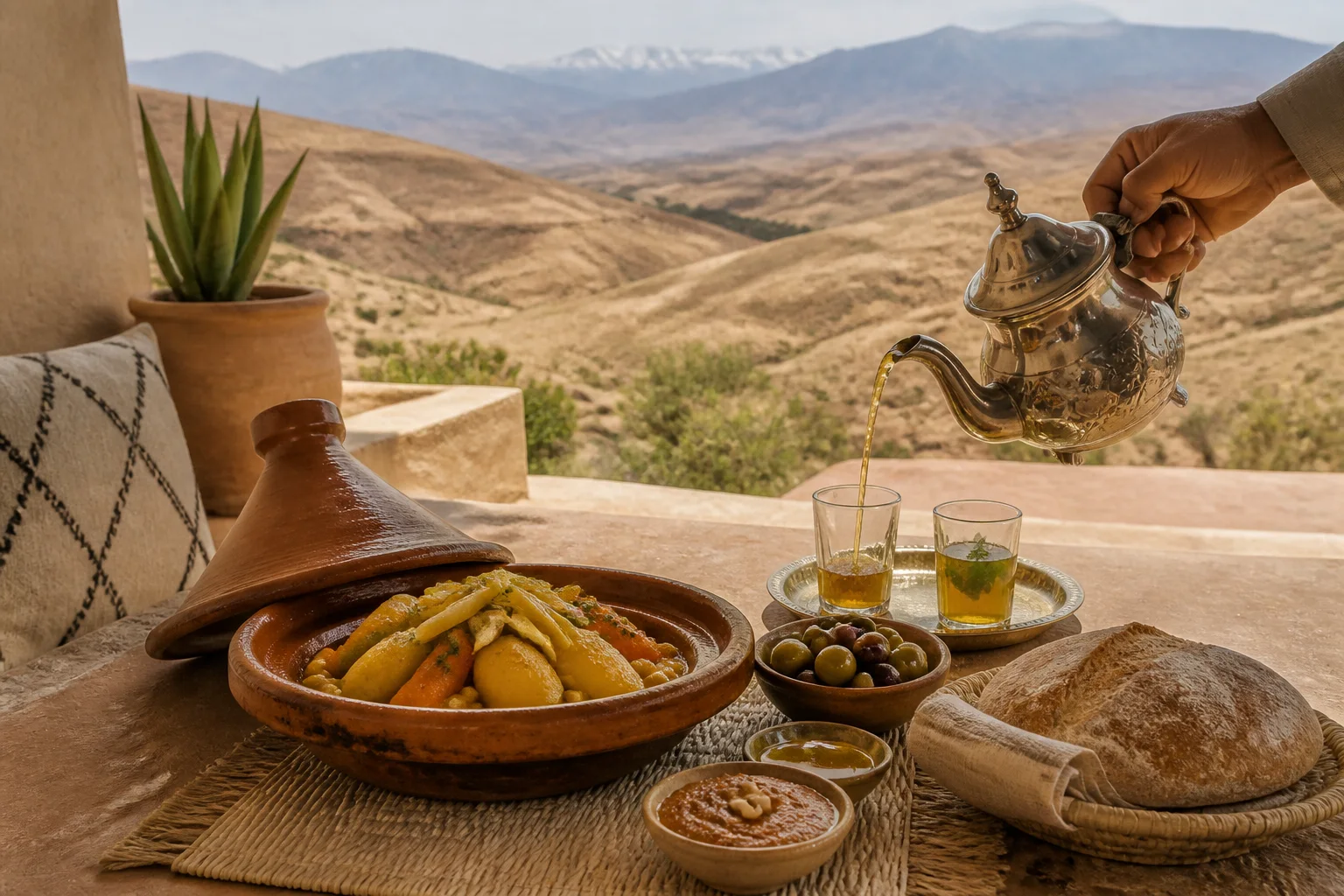 Vegetable tagine, Moroccan bread, olives, amlou and mint tea served above the rocky Agafay landscape