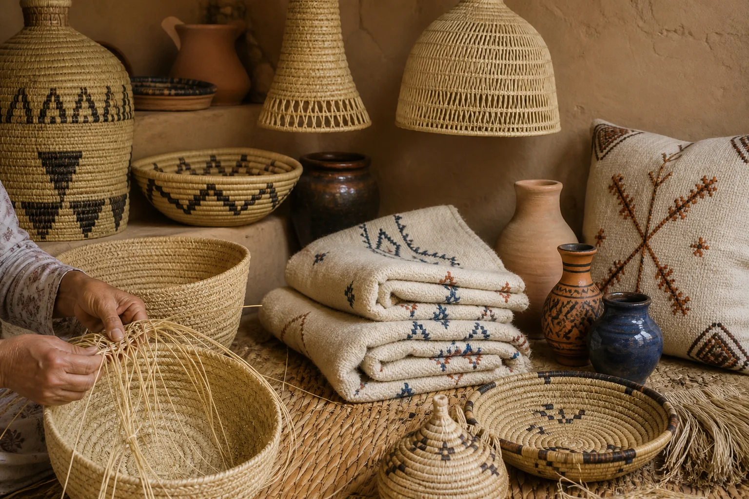 Handwoven baskets, raffia lamps, wool textiles and pottery in a Tameslohte artisan workshop near Agafay
