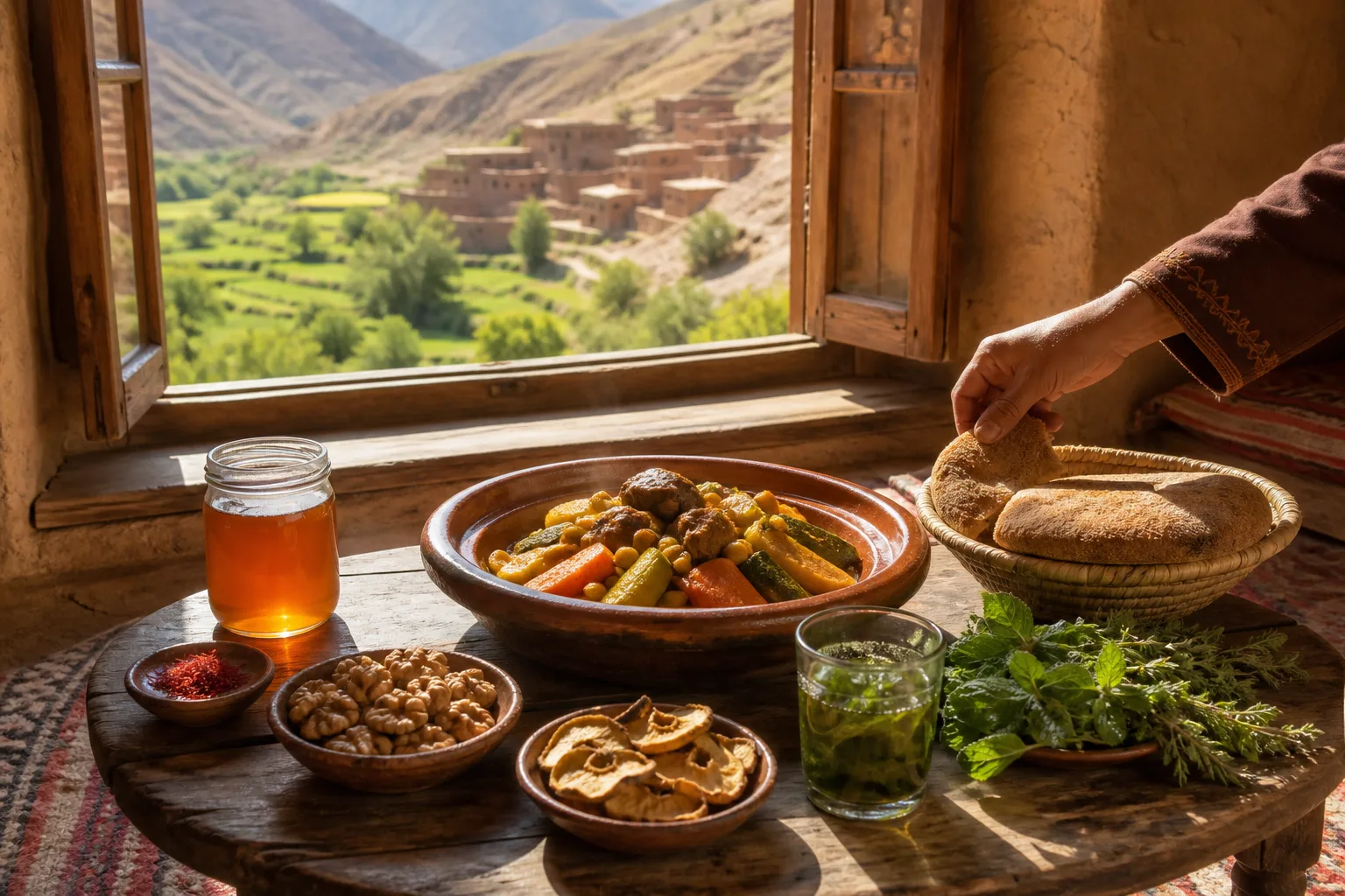 Aït Bouguemez guesthouse meal with tagine, bread, walnuts, dried fruit, honey, saffron, herbs and mint tea