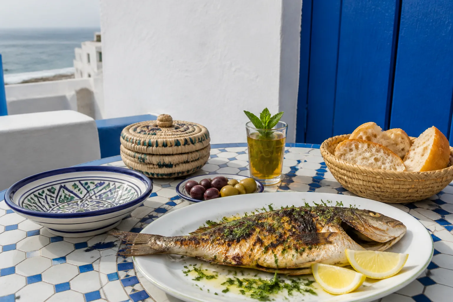Pescado atlántico a la parrilla, pan marroquí, aceitunas, té a la menta y artesanía en una terraza de Asilah