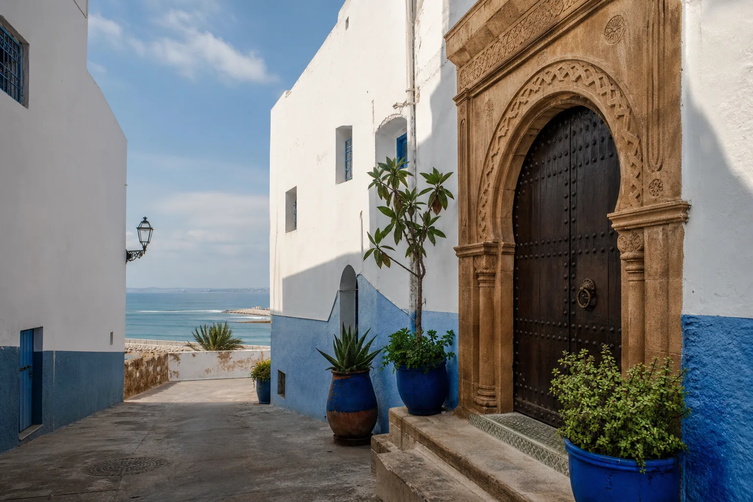 Calle blanca y azul de la Kasbah de los Udayas en Rabat durante la ruta de Marrakech a Asilah