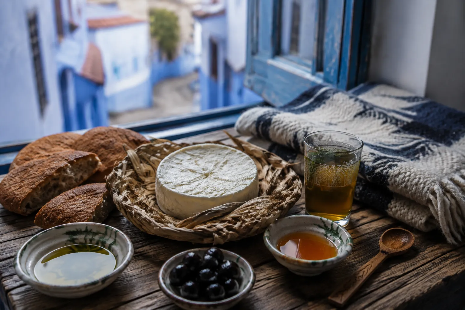 Chefchaouen breakfast with fresh goat cheese, bread, olive oil, honey, olives and mint tea beside a woven Rif textile